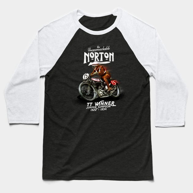 Vintage Norton Motorcycle Racer Jimmie Simpson TT winner MotorManiac Baseball T-Shirt by MotorManiac